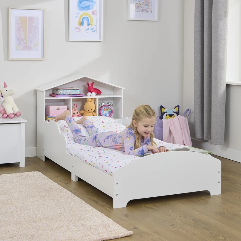 Kids White Toddler Bed with Bookcase