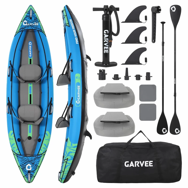 2 Person Inflatable Kayak, Full Drop-Stitch Tandem Kayak with 2 Paddles & Pump, 205kg (450lbs) Capacity High-Pressure Inflatable Canoe for Lakes, Rivers & Coastal Waters, Includes Seats & Bag