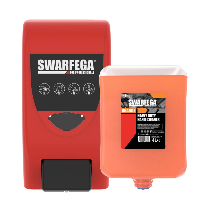 Swarfega Wall‑Mounted Hand Cleaner Dispenser (4L) + Swarfega Orange Cartridge (4L) Bundle - Durable & Hygienic - Removes Oil, Grease & Grime - Orange Fragrance - For Professional Use Only - Image 1