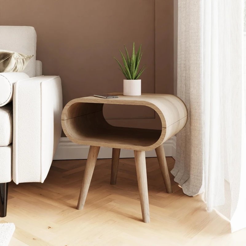 GFW Vionna Curved Side Table Modern Wooden End Table for Living Room & Bedroom with Natural Oak Finish