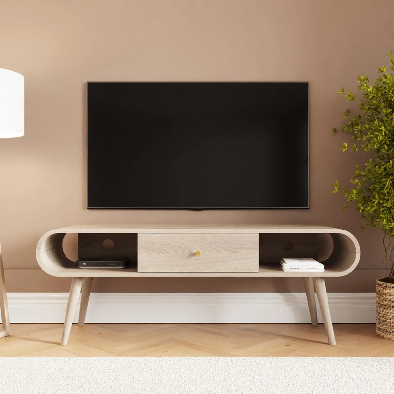 GFW Vionna Curved TV Unit Modern Wooden TV Stand with Storage Shelf, Oak Effect Media Console for Living Room, Contemporary Entertainment Unit with Rounded Edges - Image 1