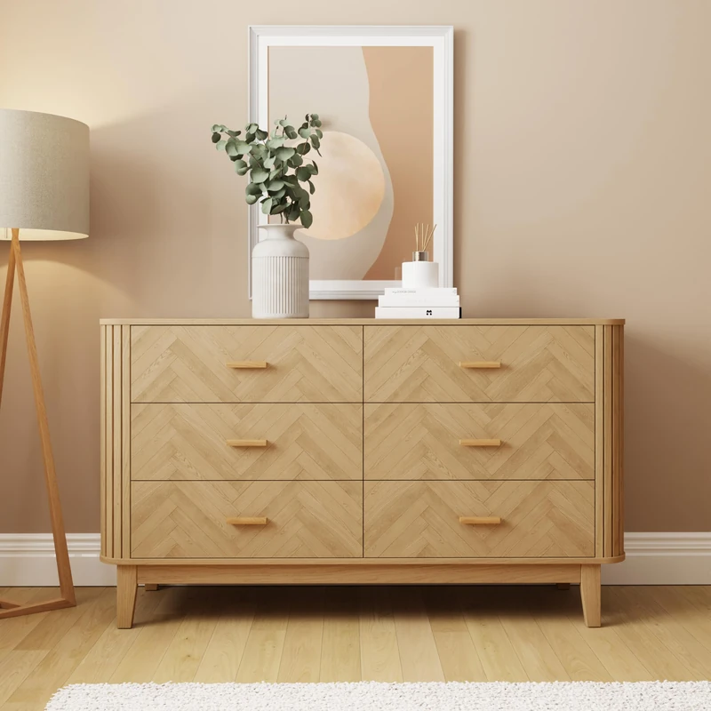 Axel 6 Drawer Chest of Drawers Large Oak Effect Storage Unit, Wooden Bedroom Cabinet, Modern Scandinavian Furniture with Chevron Design