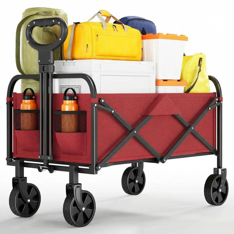 Folding Trolley with Large Wheels All Terrain – Beach Trolley with Maximum Load of 172 kg – Ideal for Beach, Garden and Camping – Adjustable Handle – Transport of Tools or Toys – Red