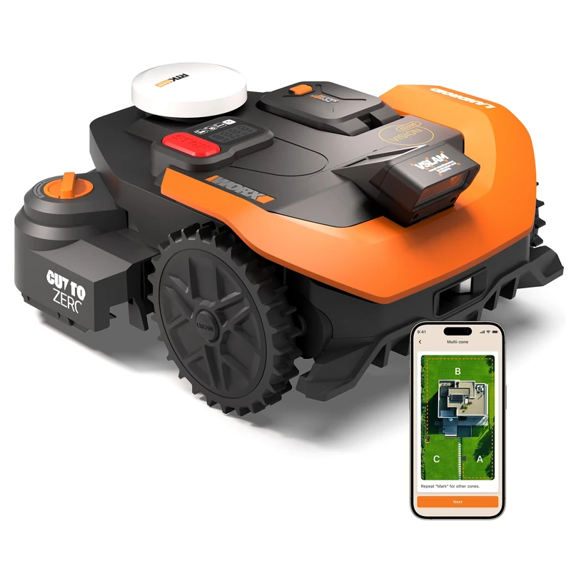 WORX Landroid Vision Cloud WR318E 2WD Robotic Lawnmower without Boundary Cable for 1800 m² with Cut to Zero Module (AI Obstacle Detection, VSLAM+ RTK Cloud Navigation, Auto Mapping, App Control)