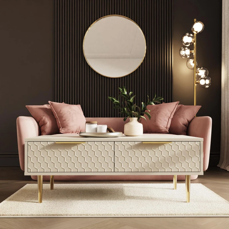 GFW Azariah Coffee Table for Living Room Modern Centre Table, Durable Wooden Top, Stylish Home Furniture for Lounge, Office & Small Spaces, Ivory Finish with Brass Handles and Legs