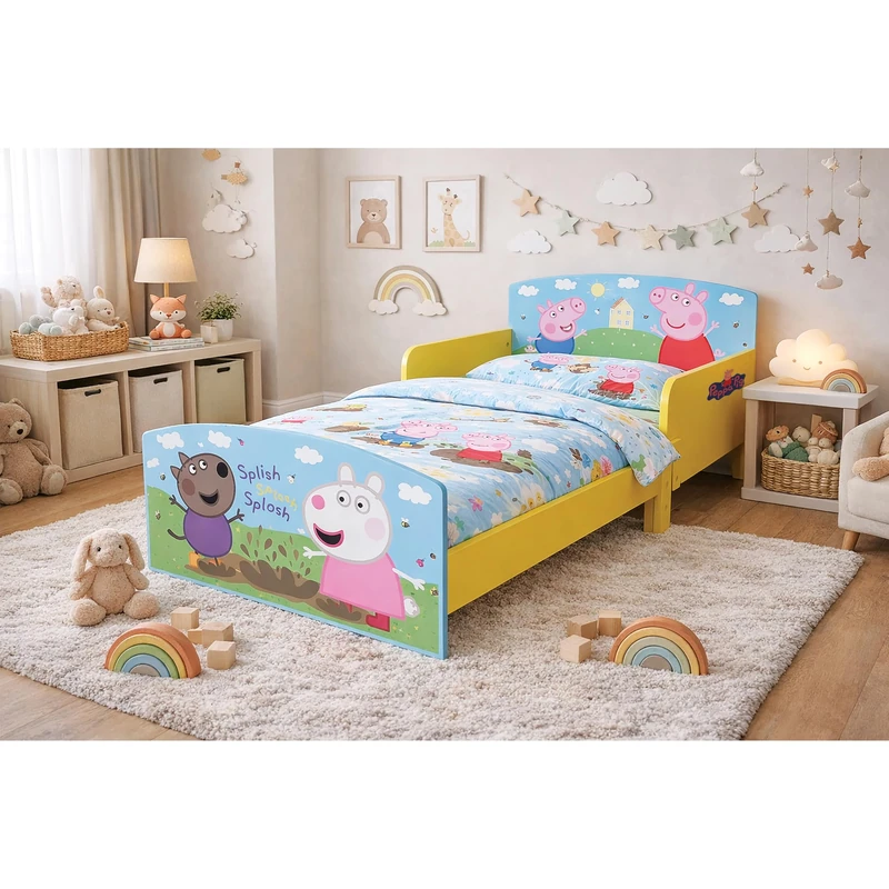 Kidsaw Peppa Pig Kids Toddler Bed Frame with Safety Rails, Yellow/Blue