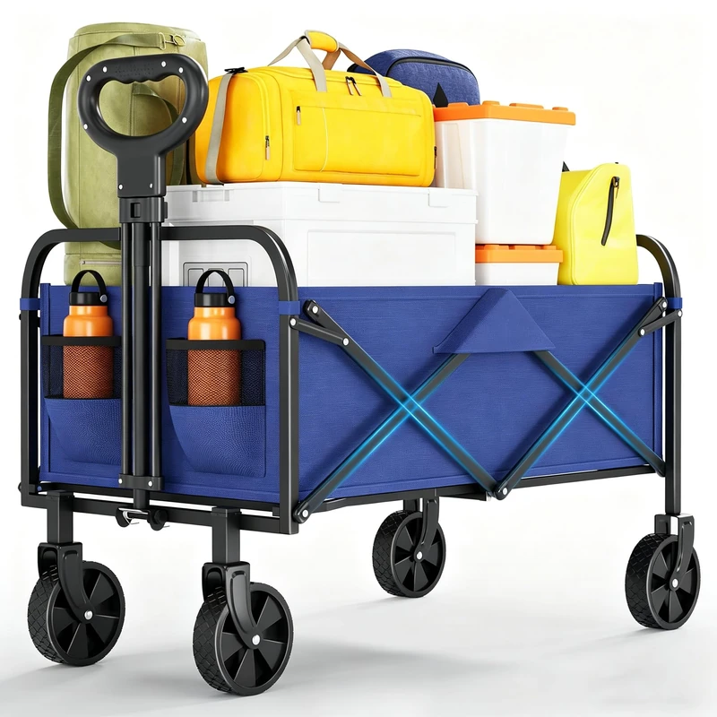 Folding Trolley with Large Wheels All Terrain – Beach Trolley with Maximum Load of 172 kg – Ideal for Beach, Garden and Camping – Adjustable Handle – Transport of Tools or Toys – Blue - Image 1