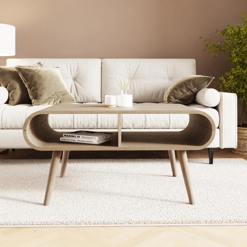 Vionna Curved Coffee Table Modern Mid-Century Wooden Living Room Centre Table with Tapered Legs, Stylish Sofa Table for Lounge Furniture, Oak-Effect Finish