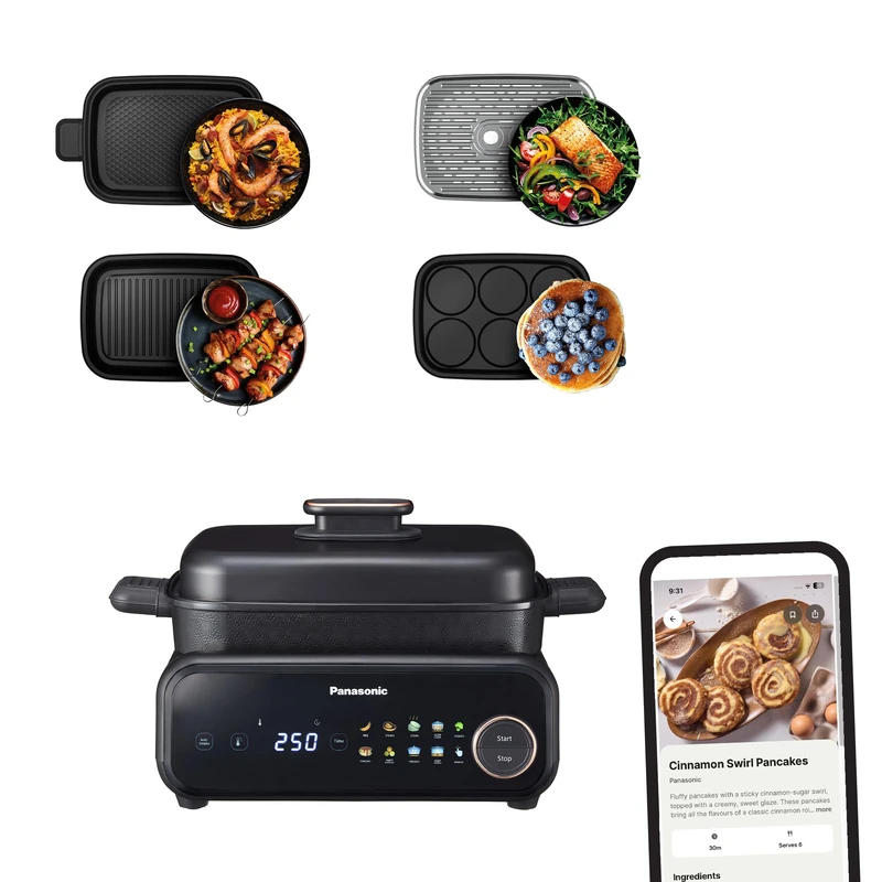 Panasonic NF-GM400 6-in-1 Electric Multi Cooker, Steamer, BBQ, Table Grill, 1400W, 40-250°C, 9 Auto Modes, 6 Non Stick Plate Accessories, Smoke Extractor, Dishwasher Safe, 2.5m Cord, Black