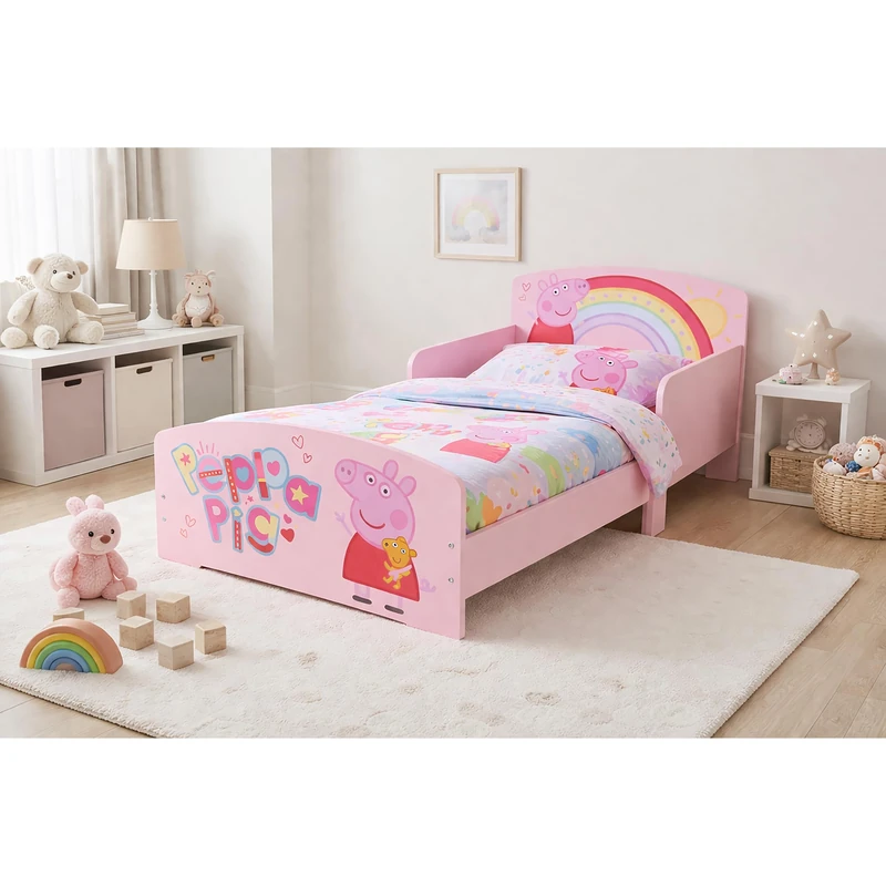 Kidsaw Peppa Pig Kids Toddler Bed Frame with Safety Rails, Pink