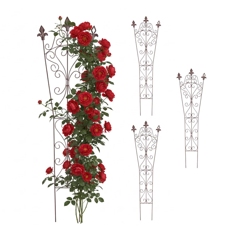 Relaxdays Trellis, set of 4, HxW: 115x32 cm, vintage metal, climbing plant support, garden & pots, brown