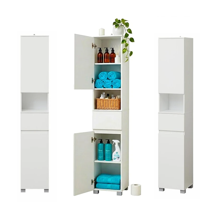 Build Rapido Tall Bathroom Cabinet | Slim 30cm Freestanding Storage Cupboard | Adjustable Shelves, 2 Doors, Drawer & Anti-Tip Kit | Modern White Handleless Tallboy for Small Spaces (30x30x170cm)