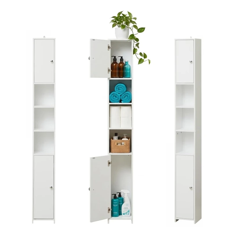 Build Rapido Slim Tall Bathroom Cabinet | 20cm Narrow Storage Cupboard | Freestanding with Adjustable Shelves, 2 Doors & Anti-Tip Kit | Modern White Tallboy for Small Spaces (20x20x170cm)