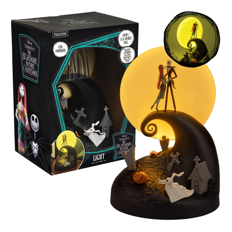 Paladone Nightmare Before Christmas Diorama Light, 30cm LED Spiral Hill Lamp with Jack & Sally Figurines, USB Powered with Warm & Cool Light Modes, Home Decor for Fans