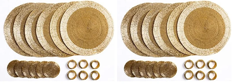 Penguin Home Handcrafted Glass Beaded Round Placemats, Coasters & Napkin Rings Set of 18 - Handmade Table Place Mats for Dining - 32 cm (13") Diameter (Gold) (Pack of 2)