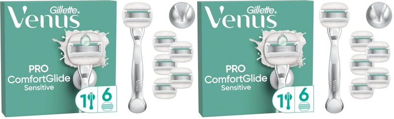 Gillette Venus Pro ComfortGlide Sensitive Women’s Razor with a Touch of Aloe, 1 Refill Razor Cartridges, Reusable Metal Handle and Shower Holder (Pack of 2)