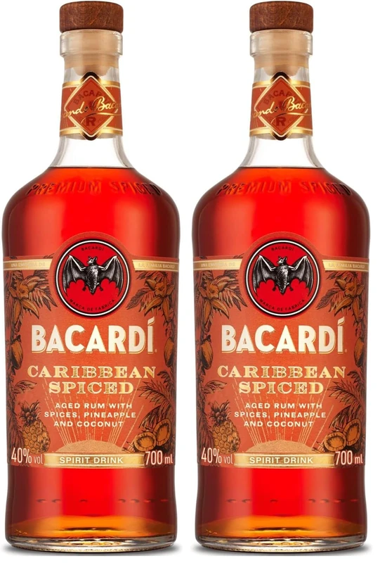BACARDÍ Caribbean Spiced, 40% vol., 70cl / 700ml, Premium Blend of Aged Rum, Spices, Coconut and Pineapple, Ideal for Making Tropical Cocktails (Pack of 2)