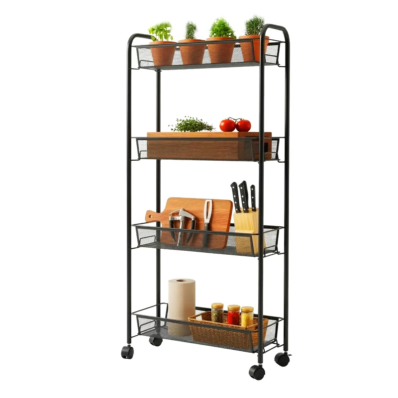Relaxdays trolley, 4 shelves, metal, HxWxD 97.5 x 44 x 17 cm, 4 castors, kitchen, bathroom, niche, black - Image 1