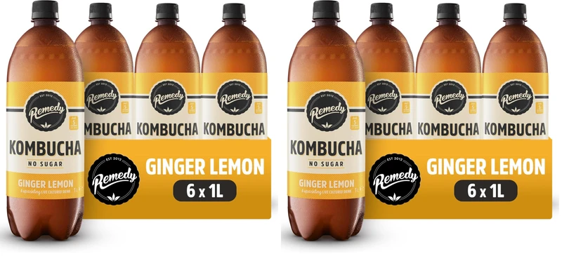Remedy Kombucha Tea - Ginger Lemon - Sparkling Live Cultured, Naturally Sugar Free Soft Drink - Probiotic for Gut Health - 6 x 1L Case (Bottles) (Pack of 2)
