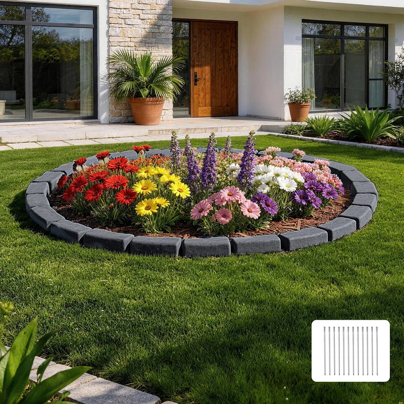 VEVOR Stone Effect Flower Bed Edging 4.7 m Flower Bed Border without Dig, Lawn Edging for Lawn, Flower Beds & Garden, Pack of 4 (6 Stones of 118 x 9.5 x 5.7 cm), 12 Mounting Tips, Anthracite