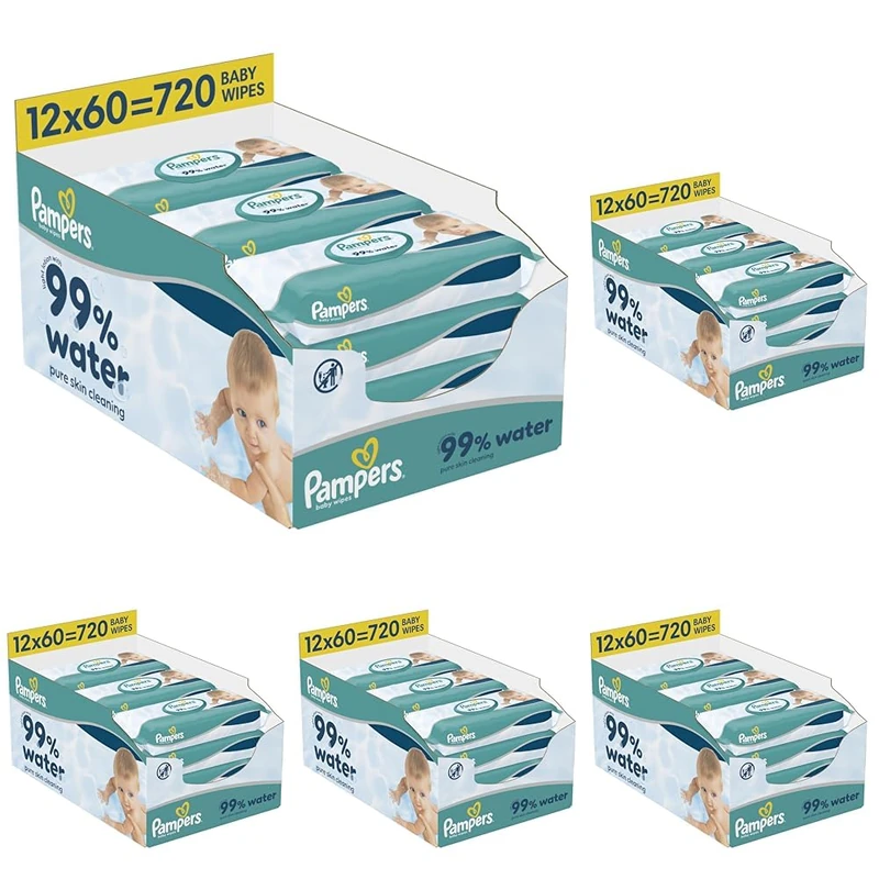 Pampers 99% Water Baby Wipes Plastic Free, 60 Packs of 60 Wipes : 720 Baby Wet Wipes, Light Lotion With 99% Water