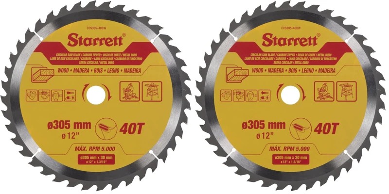 Starrett 305mm TCT Circular Saw Blade for Wood, 40-Tooth, 16/19/25/30mm Bore (Pack of 2)
