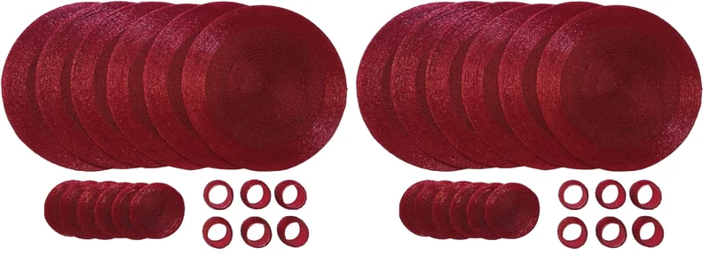 Penguin Home Handcrafted Glass Beaded Round Placemats, Coasters & Napkin Rings Set of 18 - Handmade Table Place Mats for Dining - 32 cm (13") Diameter (Red) (Pack of 2)