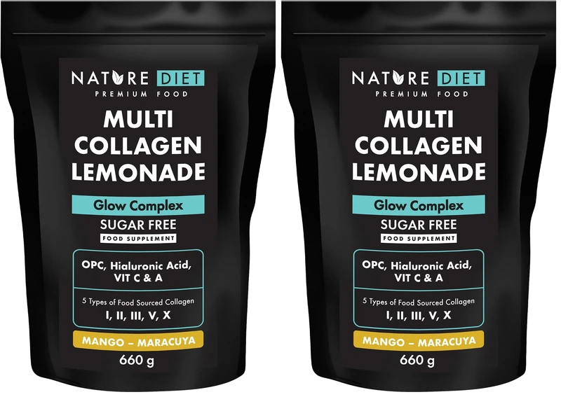 Nature Diet Multi Collagen Lemonade | Mango - Maracuya | 5 Types of Collagen | 660g | 60-Day Supply | Sugar-Free | Glow Complex with Hyaluronic Acid, Vitamin C & A (Pack of 2)