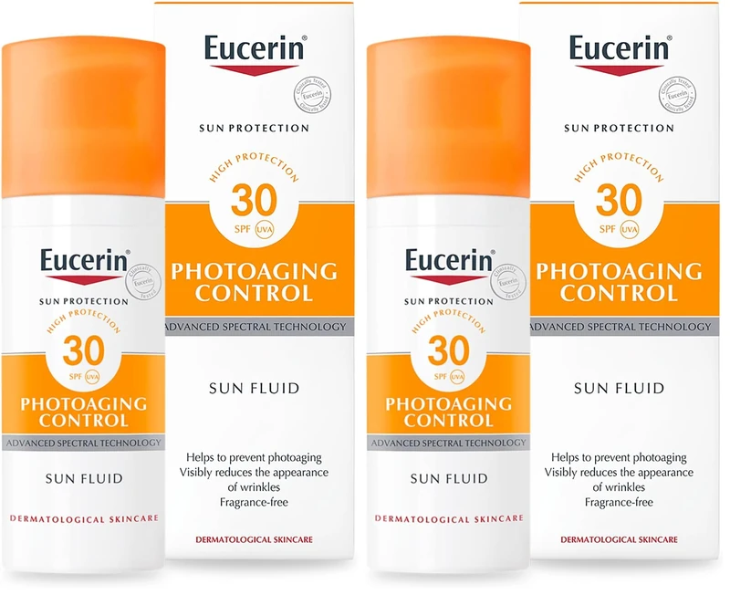 Eucerin Photoageing Control Sun Fluid SPF 30 50ml, Advanced Protection from Sun-Induced Photoageing and Wrinkles, Facial Anti-Age Sunscreen with UV Filter and Hyaluronic Acid (Pack of 2)