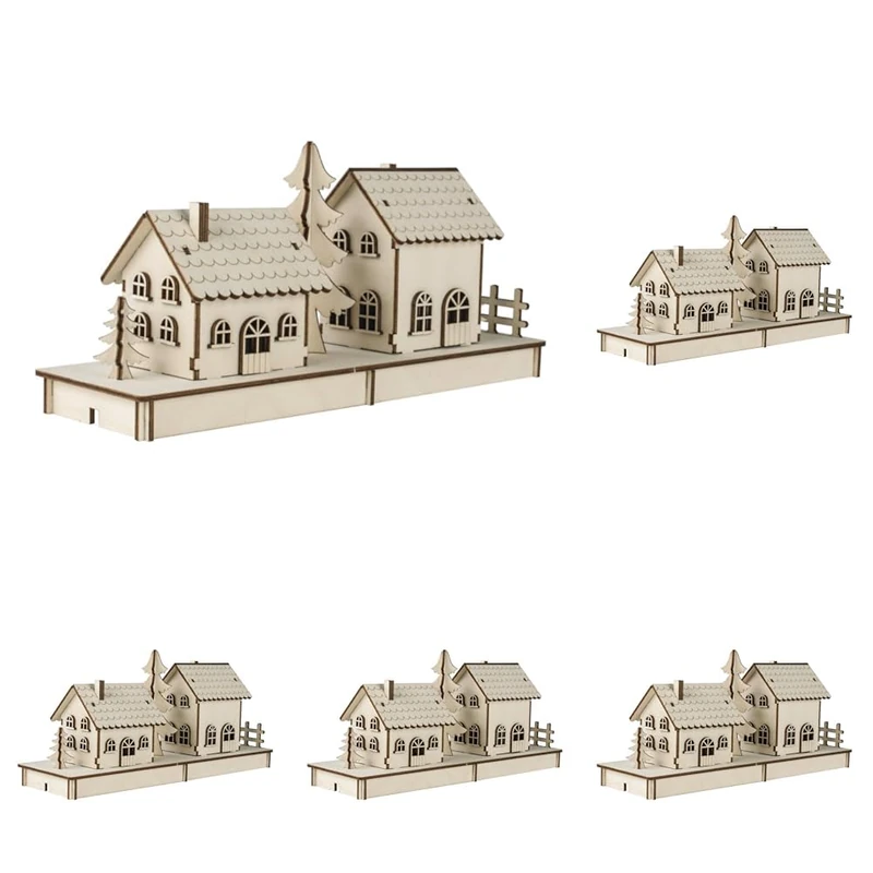 Rayher 46300000 Construction Kit Wooden Houses with Interlocking Parts, Wood Building Set, 52 Slot-Together Pieces, 31.7x9.4x14cm (Pack of 5)