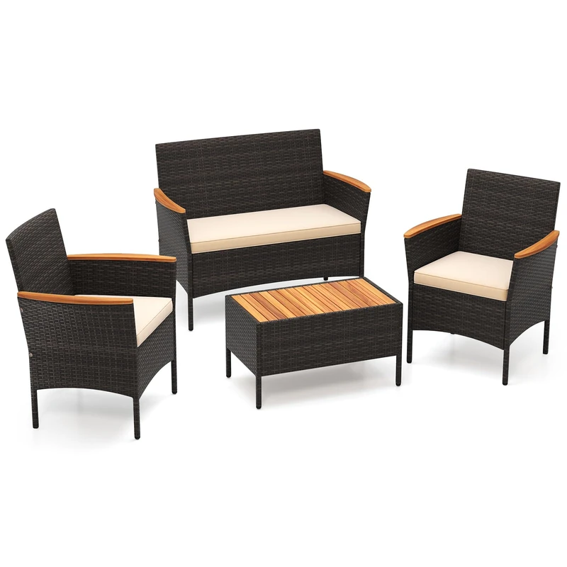 FANTASK Rattan Garden Furniture Set, Outdoor Lounge Furniture with 2 Armchairs, Bench, Table & Cushion, Seating Set for Balcony, Patio & Garden, Ideal for Small Balconies - Image 1