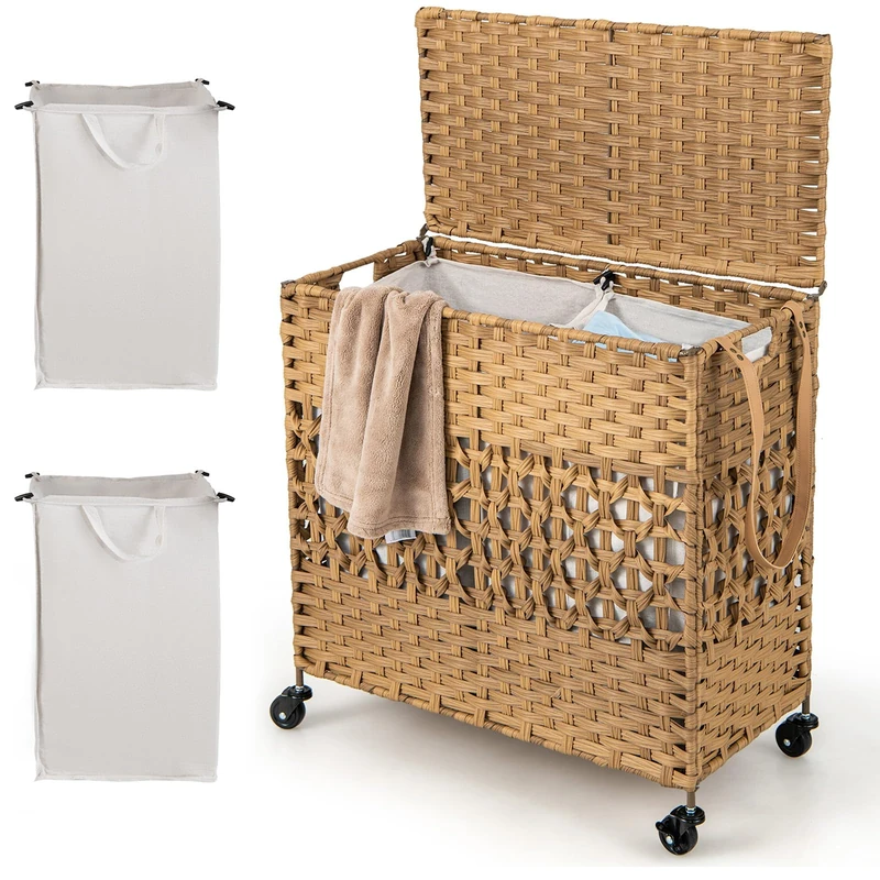 CASART Mobile Handwoven Laundry Basket, Foldable 110L Laundry Hamper with Lid, 2 Removable Liner Bags, Side Handle & PU Strap, Synthetic Rattan 2 Sections Cloth Basket Bin (Natural)