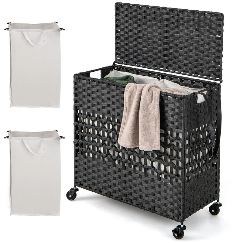 CASART Mobile Handwoven Laundry Basket, Foldable 110L Laundry Hamper with Lid, 2 Removable Liner Bags, Side Handle & PU Strap, Synthetic Rattan 2 Sections Cloth Basket Bin (Black)