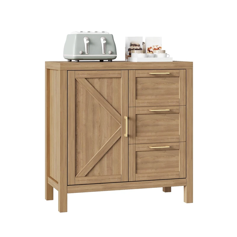 GarveeTech 76cm Sideboard Storage Cabinet with 3 Drawers & 1 Door, Buffet Cabinet with Adjustable Shelves & Gold Handles, Modern Accent Cupboard for Dining Room, Kitchen, Hallway (76x40x90cm)