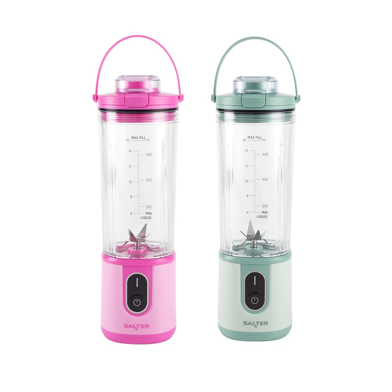 Salter ActiBoost Cordless Portable Blender Pack of 2 – 450ml Smoothie & Protein Blenders with Detachable Base, Pulse Function, 40s Countdown, BPA-Free, Stainless Steel Blades, 100W, Pink & Green