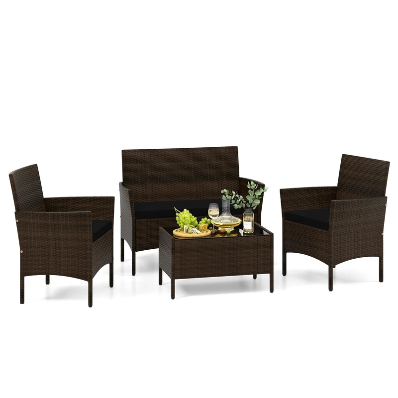 FANTASK Balcony Furniture Set, Garden Furniture Rattan Including 2 Chairs, Bench, Table & Seat Cushions, Outdoor Lounge Furniture, Patio Furniture for Patio, Balcony, Garden (Black)