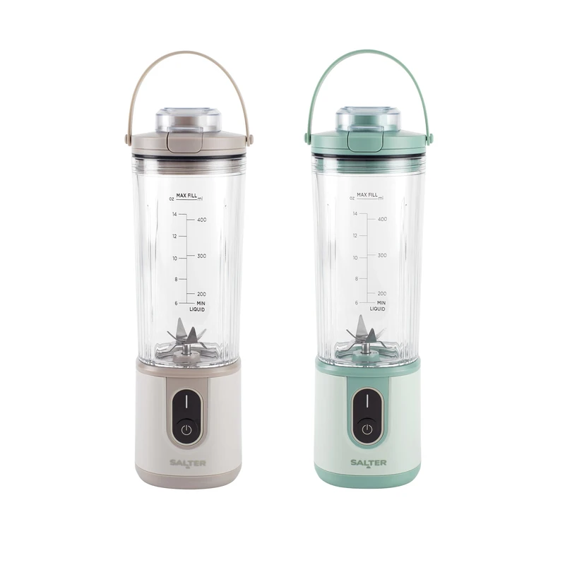 Salter ActiBoost Cordless Portable Blender Pack of 2 – 450ml Smoothie & Protein Blenders with Detachable Base, Pulse Function, 40s Countdown, BPA-Free, Stainless Steel Blades, 100W, Green & Stone