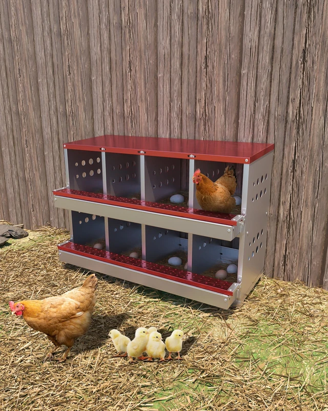 8-Compartment Metal Chicken Nesting Box with Roll-Away Egg Collection, Galvanised Steel Laying Nest for Chickens, Inclined Base for Clean Eggs, Easy-Clean Design with Ventilation, Red