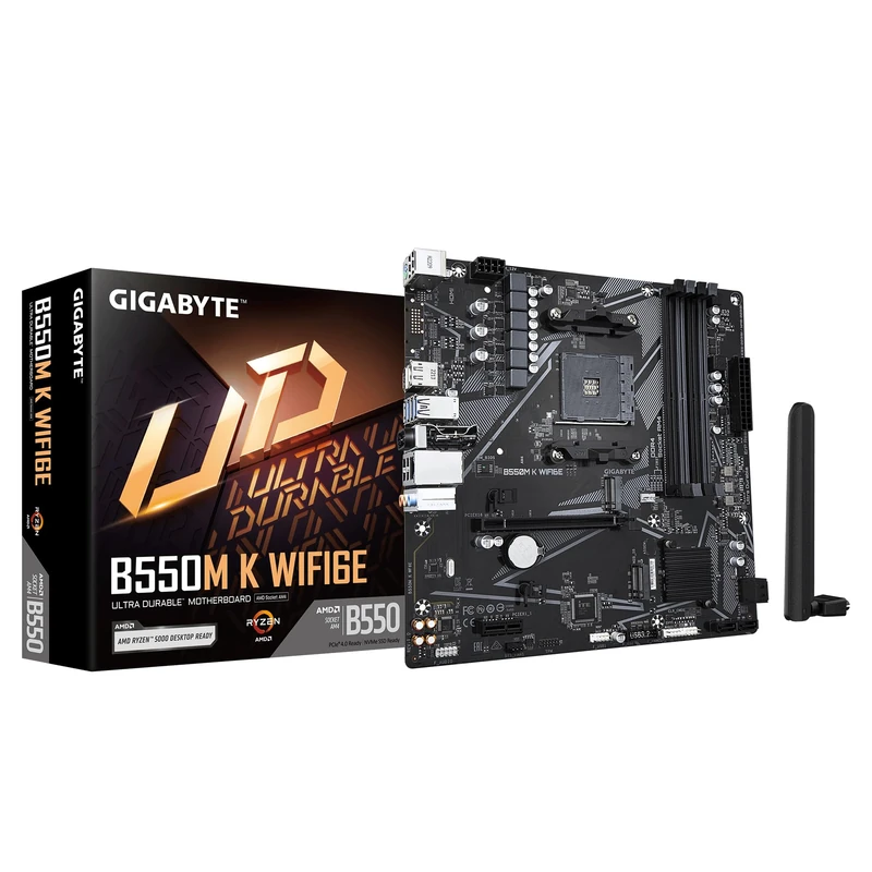 GIGABYTE B550M K WIFI6E Motherboard - AMD Ryzen 5000 CPUs, up to 4733MHz DDR4, 1xPCIe 4.0 + 1xPCIe 3.0 M.2, WIFI 6E, 1GbE LAN, USB 3.2 Gen 1