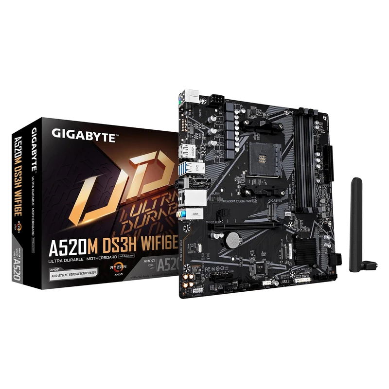 GIGABYTE A520M DS3H WIFI6E Motherboard - Supports AMD Ryzen 5000 Series AM4 CPUs, up to 4733MHz DDR4 (OC), 1xPCIe 3.0 M.2, WIFI 6E, GbE LAN, USB 3.2 Gen 1