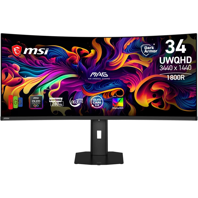 MSI MAG 341CQP QD-OLED X28 34-Inch UWQHD Tandem QD-OLED monitor, 3440 x 1440, 280hz, 0.03ms, RGB Stripe, DarkArmor Film, Uniform Luminance, 280Hz, 0.03ms, Adaptive Sync, Flat stand