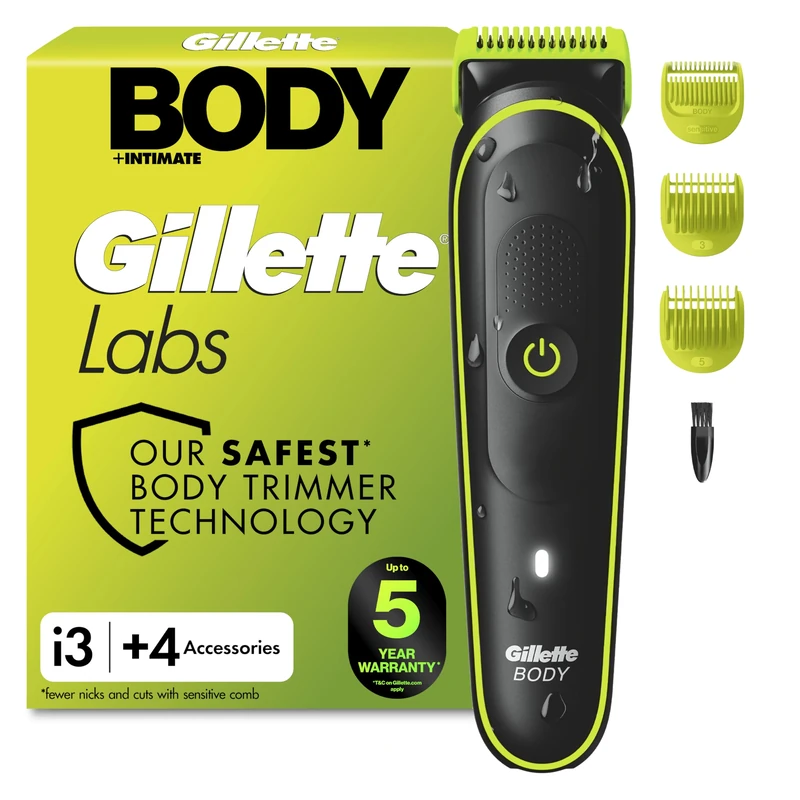 GilletteLabs i3 Body & Intimate Hair Trimmer - Body Groomer for Men, Waterproof, SkinFirst Technology, Sensitive Area Trimming, 2 Combs, 80-Min Runtime