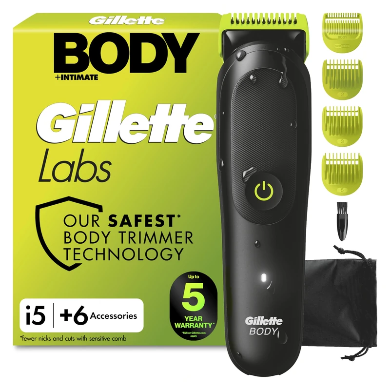 GilletteLabs i5 Body + Intimate Hair Trimmer for Men Featuring SkinFirst Technology, Waterproof Body Groomer for Men, 1 Precision Trimming Attachments, Lithium Ion Battery Powered