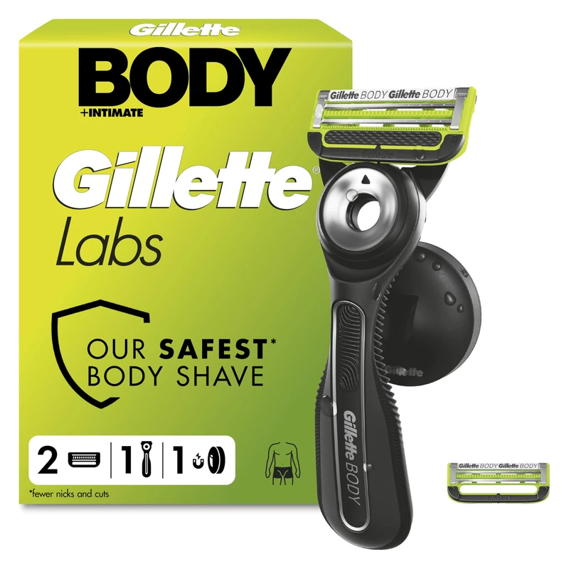 GilletteLabs Body + Intimate Razor for Men, 1 Handle & 2 Cartridges - Triple Defence System, Anti-Ingrown & Anti-Irritation Bars, Magnetic Shower Hanger, Ergonomic Shower Grip Handle