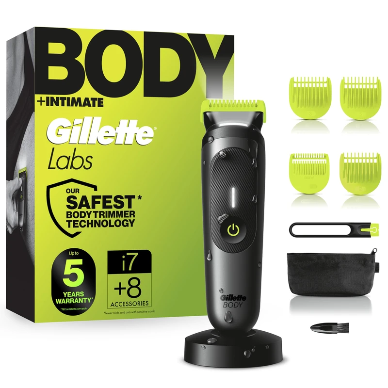 GilletteLabs i7 Body + Intimate Hair Trimmer for Men, SkinFirst Technology, Waterproof, Precision Trimming Attachment, LED Light, Shower Hanger, Charging Stand