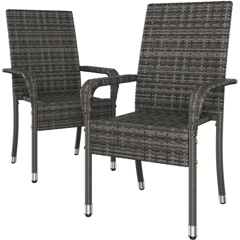 Yaheetech Set of 2 Rattan Stackable Outdoor Garden Chair Lightweight All-Weather w/Armrests for Patio, Backyard, Poolside, 58 x 62.5 x 94.5 cm, Grey