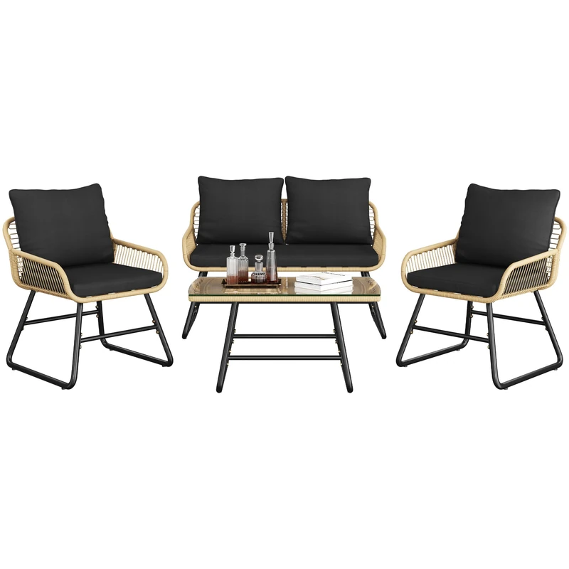 Yaheetech 4 Pieces Bistro Set, 2 Outdoor PE Wicker Chairs with Cushions & Loveseat & Tempered Glass Table, Patio Conversation Set for for Balcony, Porch, Garden, Tan/Black