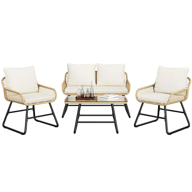 Yaheetech 4 Pieces Bistro Set, 2 Outdoor PE Wicker Chairs with Cushions & Loveseat & Tempered Glass Table, Patio Conversation Set for for Balcony, Porch, Garden, Tan/Cream