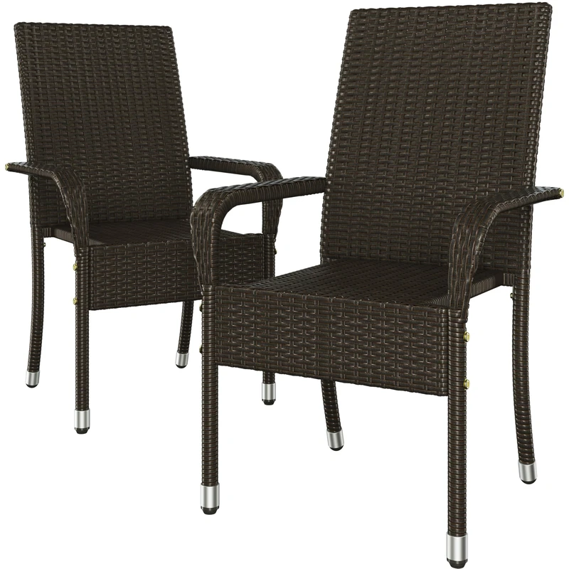 Yaheetech Set of 2 Rattan Stackable Outdoor Garden Chair Lightweight All-Weather w/Armrests for Patio, Backyard, Poolside, 58 x 62.5 x 94.5 cm, Brown