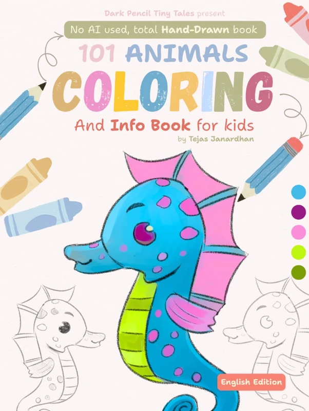 101 Animals Coloring Book for Kids (Ages 4–12) Large Print Easy Animal Coloring Pages with Fun Facts | Dark Pencil Tiny Tales: 100% Hand Drawn, Big, ... and colouring books for kids - English)